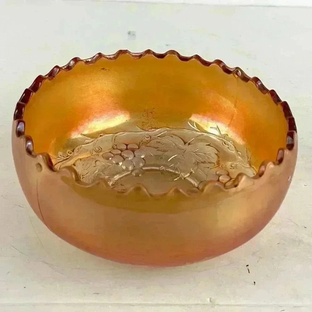 Antique Carnival Glass Golden Grape Rose Bowl 2.5" Tall - Picture 2 of 11